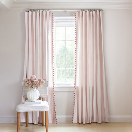 Loomi Pink Tailored Pleat custom curtains in soothing pink with delicate pleats, adding elegance and softness to any room.