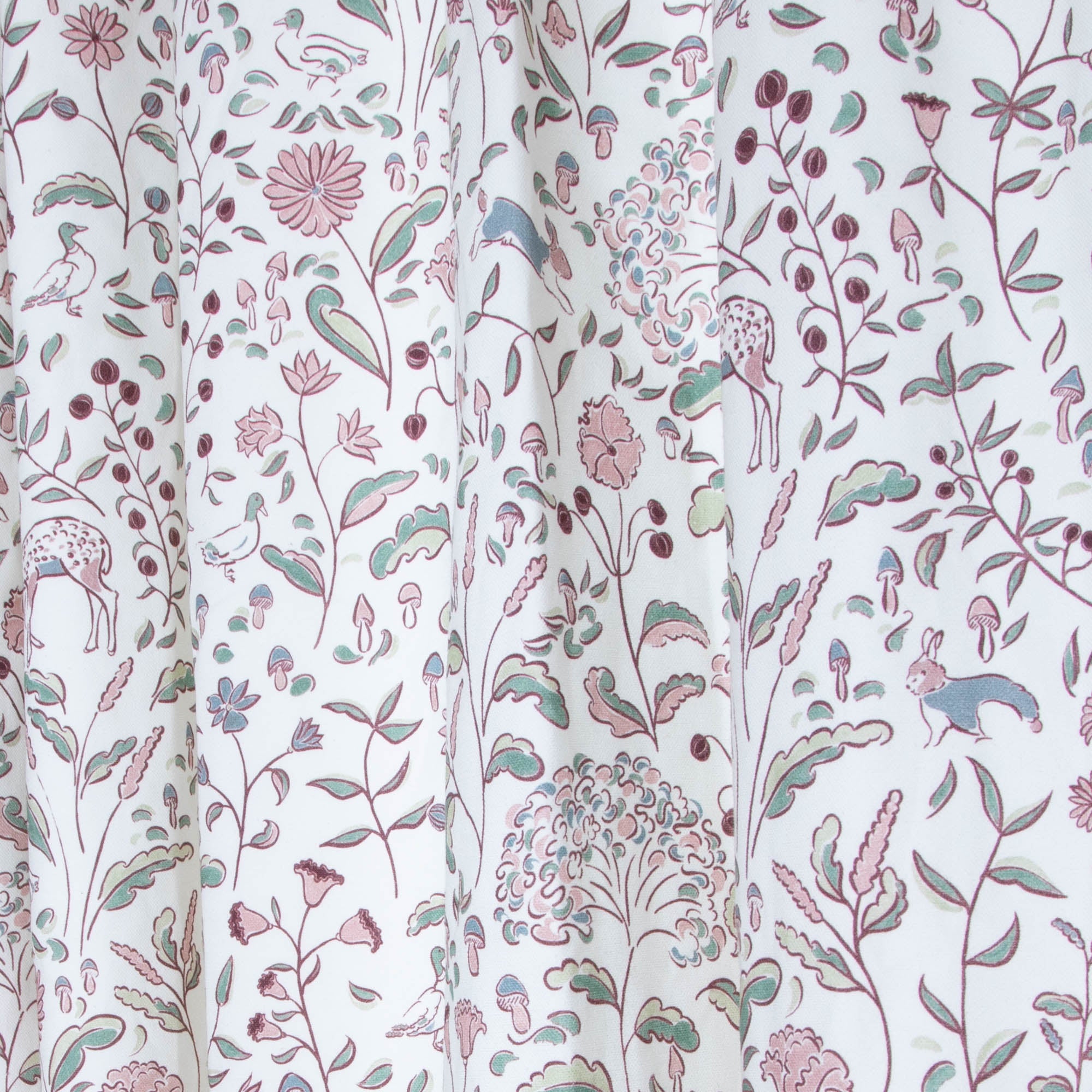 Ruby Burgundy Unlined custom curtains by Pepper Home featuring delicate floral and animal patterns in soft hues.