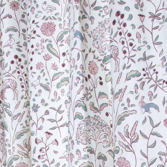 Ruby Burgundy Unlined custom curtains by Pepper Home featuring delicate floral and animal patterns in soft hues.