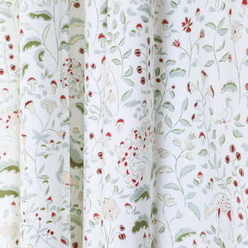 Ruby Moss custom sheer curtains featuring hand-painted floral and woodland creature design by Pepper Home.