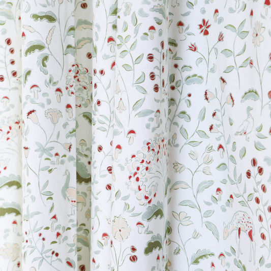 Ruby Moss custom sheer curtains featuring hand-painted floral and woodland creature design by Pepper Home.