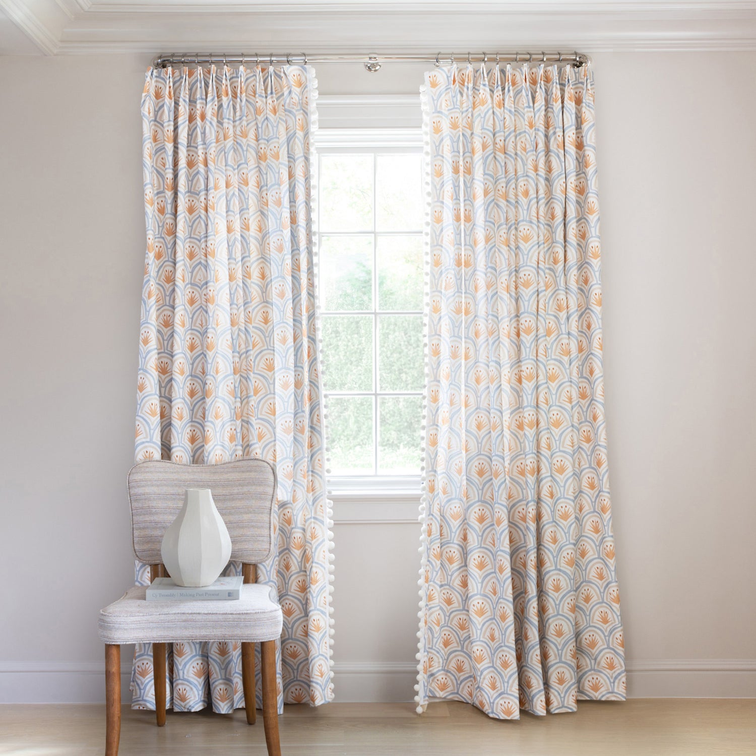 Shown in Tailored Pleat / Privacy / Snow Pom Pom
