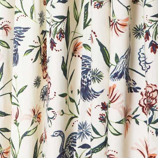 Daphne Cream custom curtains by Pepper Home feature peacocks and wildflowers on natural linen for timeless elegance.