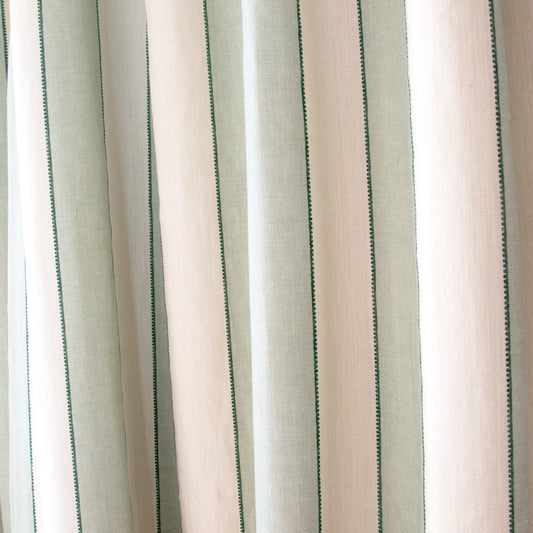 Florence Eucalyptus Tailored Pleat custom curtains by Pepper Home, made-to-order sheer curtains with elegant green stripes.