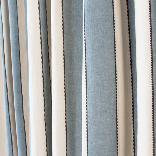 Florence Harbor Tailored Pleat custom curtains showcasing elegant blue and white striped fabric from Pepper Home.