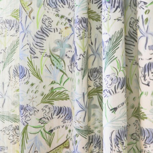 Frida Green custom curtains featuring playful tigers and lush fronds in cool blues and greens by Pepper Home.