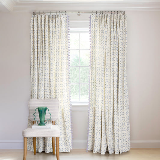 Shown in Tailored Pleat / Privacy / Lilac Pom Pom