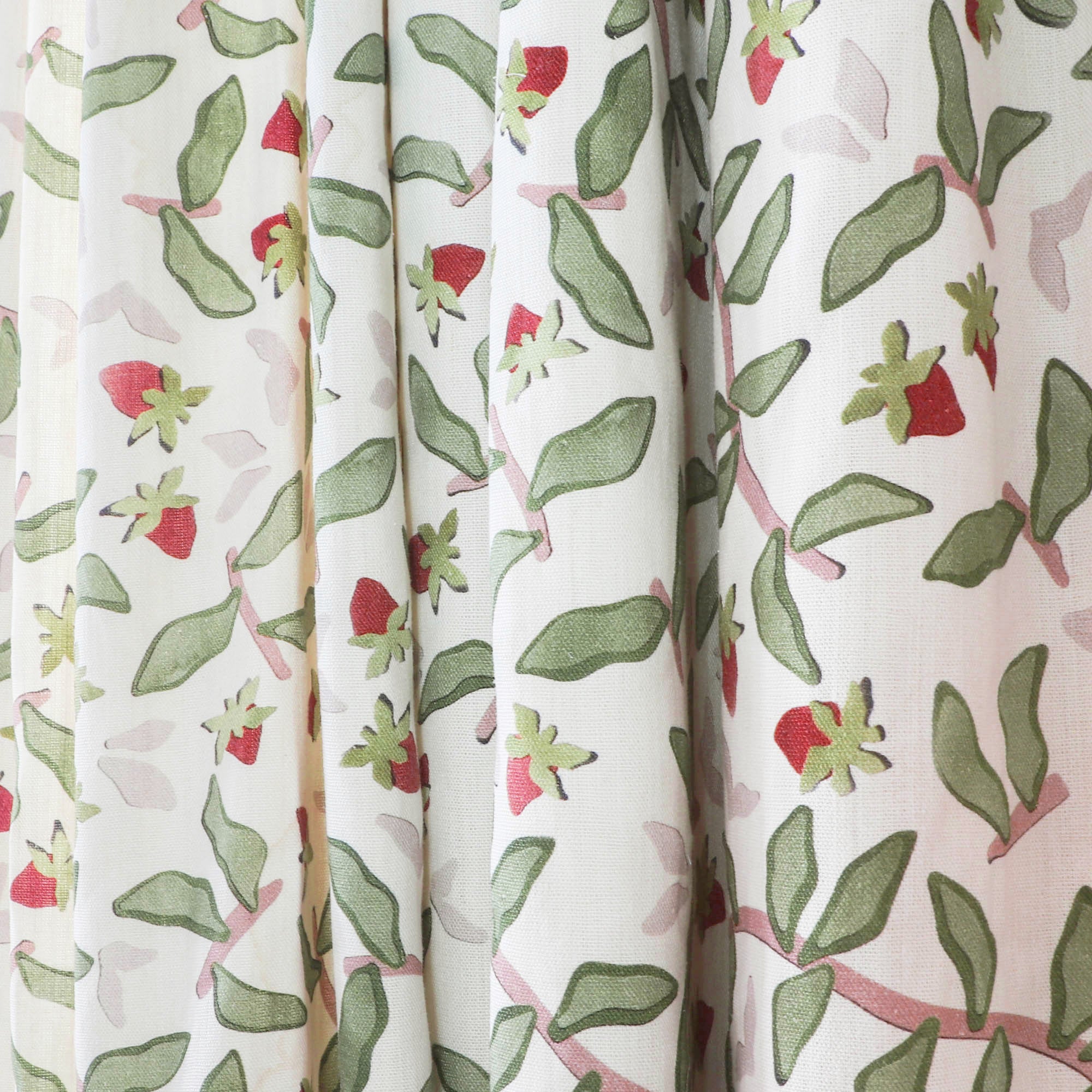 Nellie Burgundy curtain fabric with lush strawberry vine pattern in green and burgundy by Pepper Home.