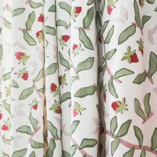 Nellie Burgundy curtain fabric with lush strawberry vine pattern in green and burgundy by Pepper Home.