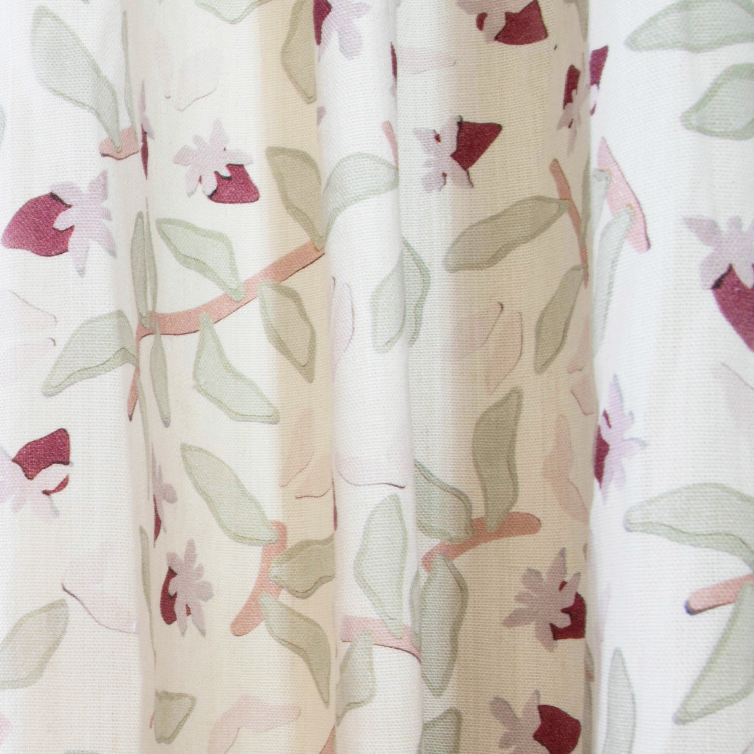 Nellie Plum sheer curtains showcase lush strawberry vines in soft sage and deep plum tones for a fresh, custom look.