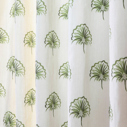 Penelope Moss sheer curtains with delicate green floral scalloped motifs on natural linen, custom made-to-order by Pepper Home.