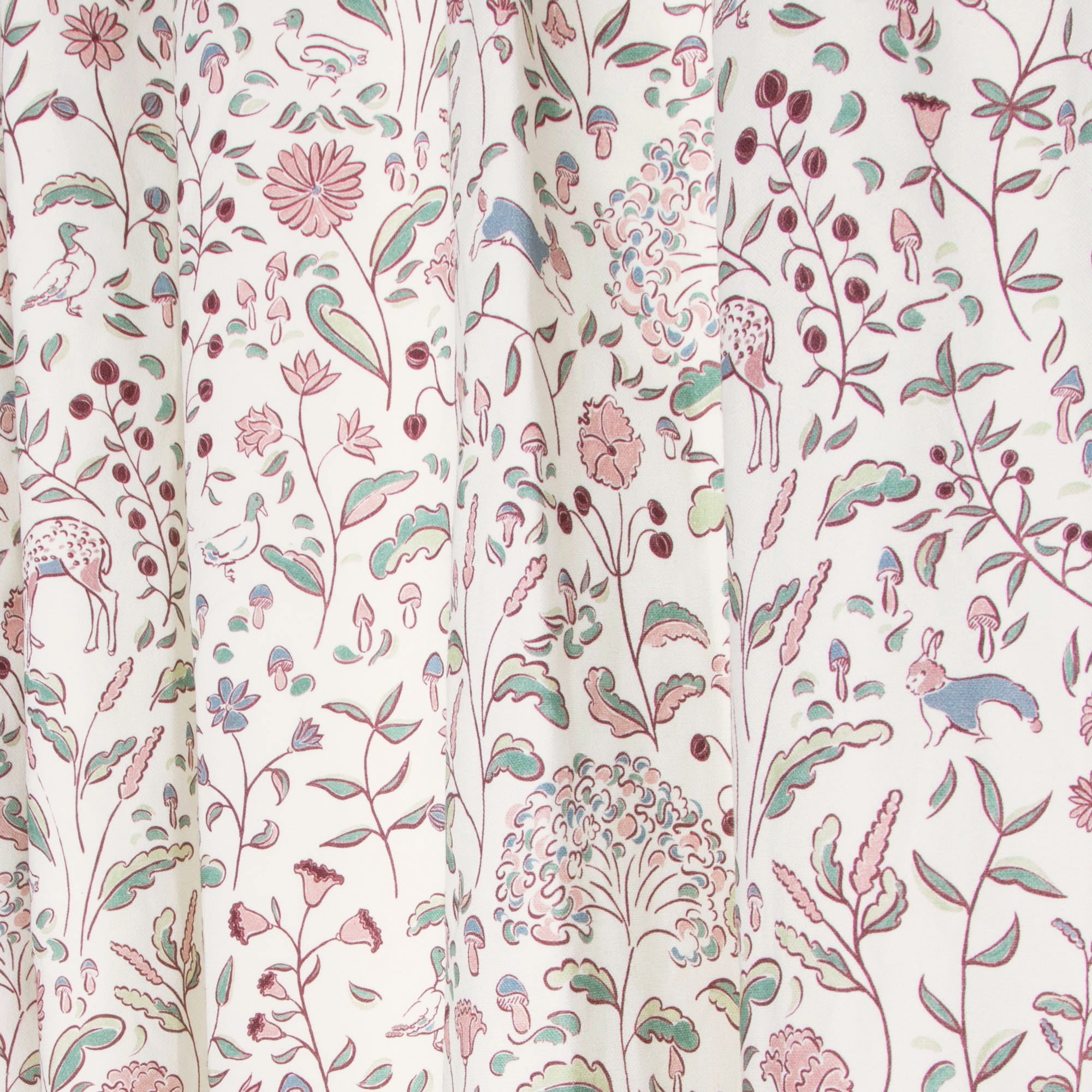 Ruby Burgundy custom curtains featuring hand-painted woodland creatures and floral motifs for a charming, elegant space.