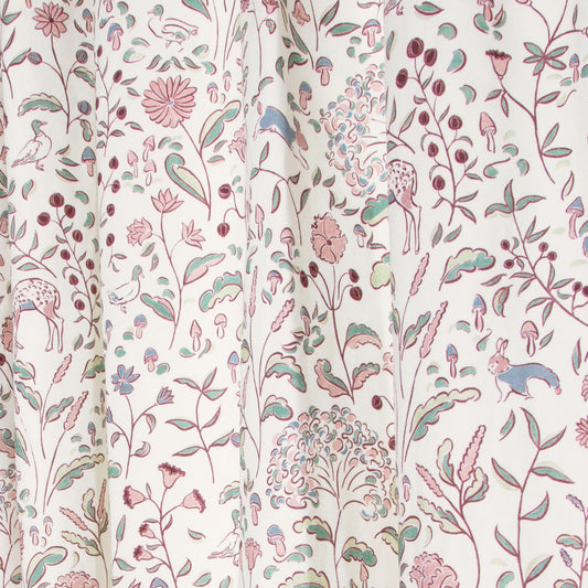 Ruby Burgundy custom curtains featuring hand-painted woodland creatures and floral motifs for a charming, elegant space.