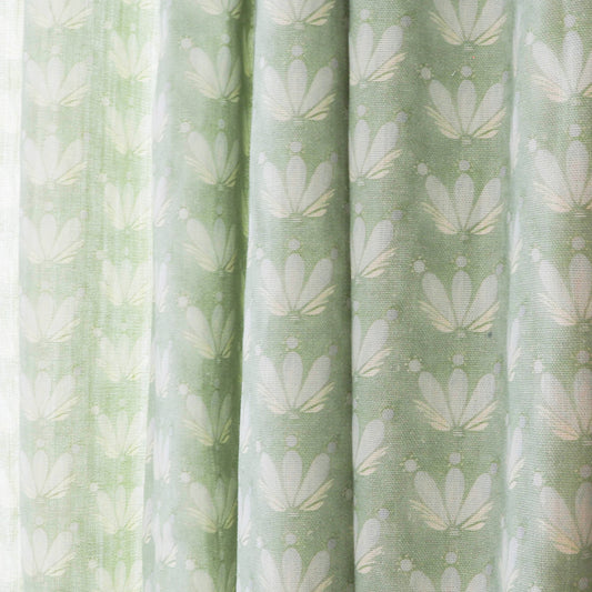 Test Curtain Serena showcasing custom hand-painted floral and seashell design in soft blue and sage for a coastal charm.