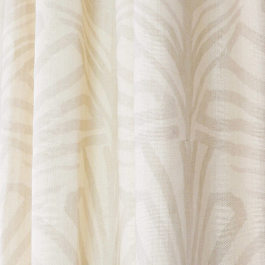 Suzy Sand custom sheer curtain with hand-painted palm motifs and scalloped design by Pepper Home.