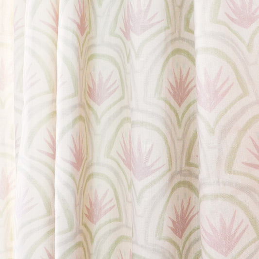 Thatcher Rose sheer curtains by Pepper Home feature custom Art Deco fan motifs in soft sage and muted rose tones.