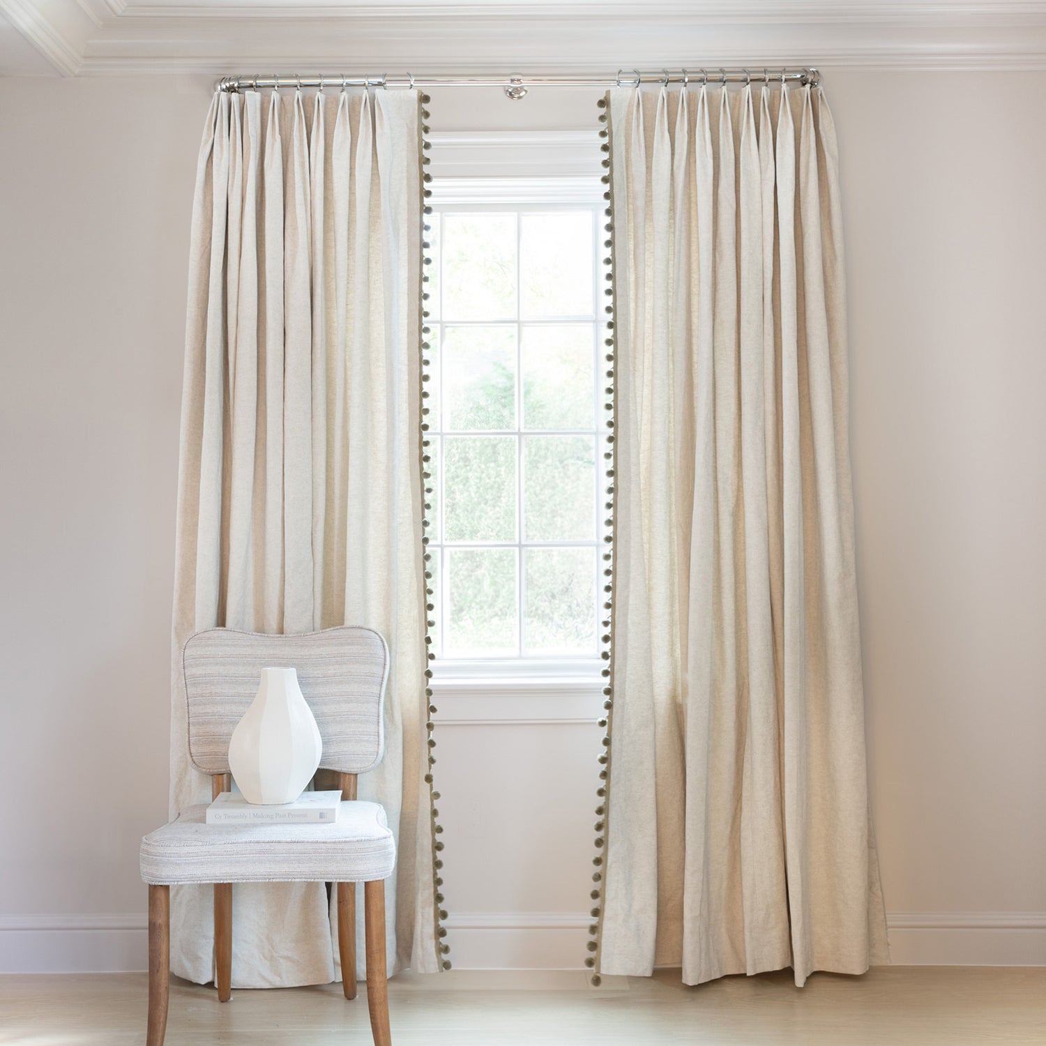 Shown in Tailored Pleat / Privacy / Olive Pom Pom