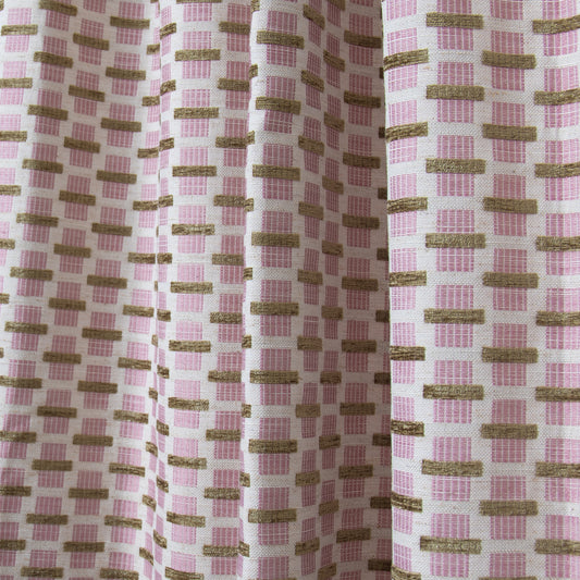 chenille and woven jacquard pink and citron geometric curtain close up 