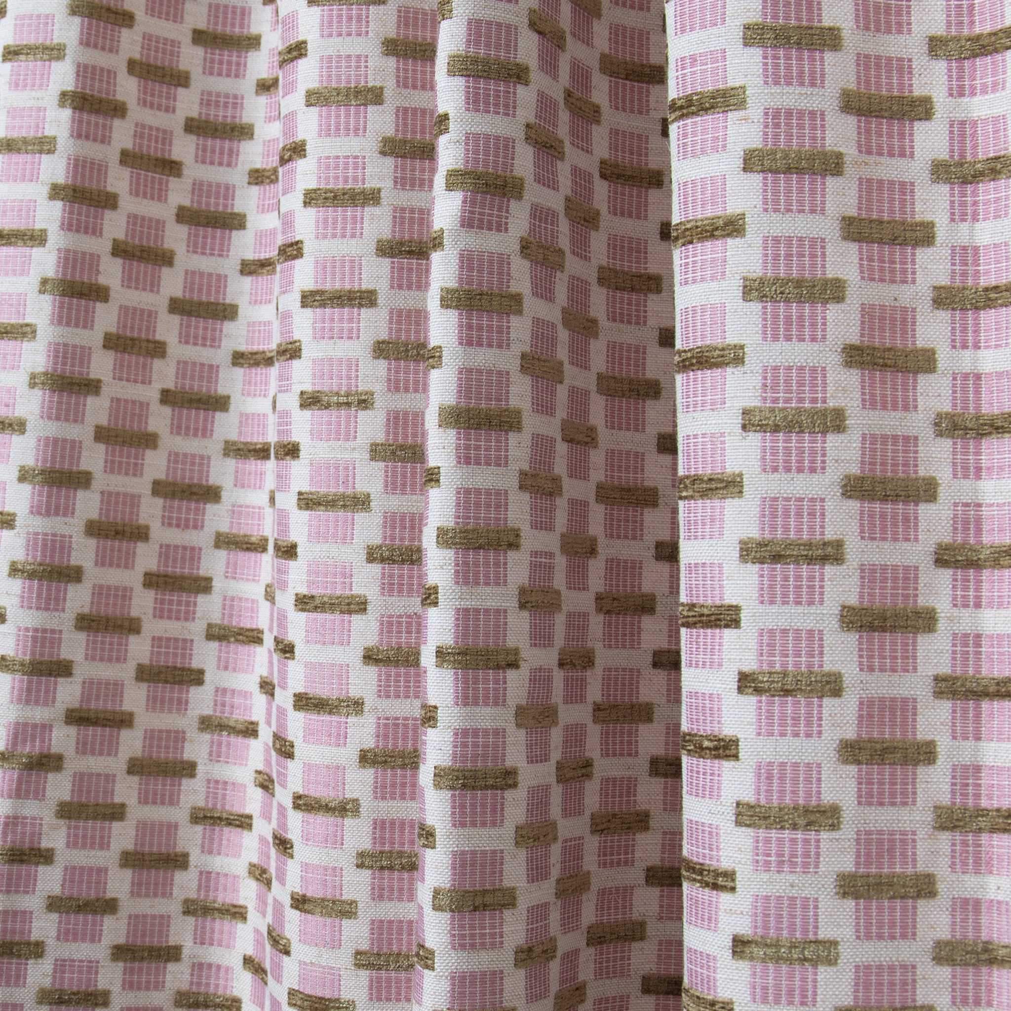 chenille and woven jacquard pink and citron geometric curtain close up