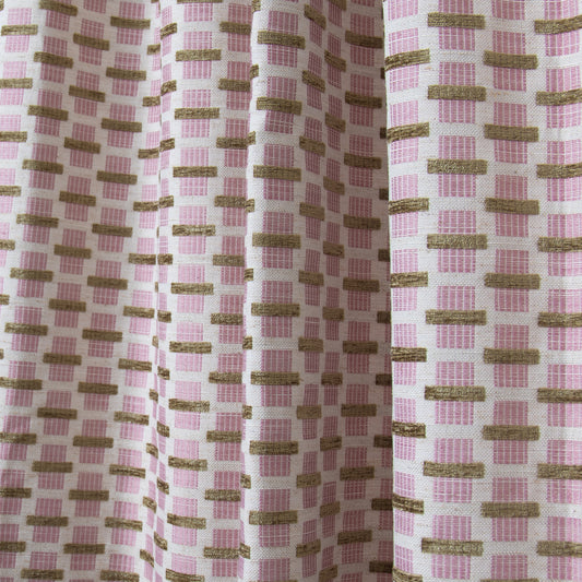 chenille and woven jacquard pink and citron geometric curtain close up