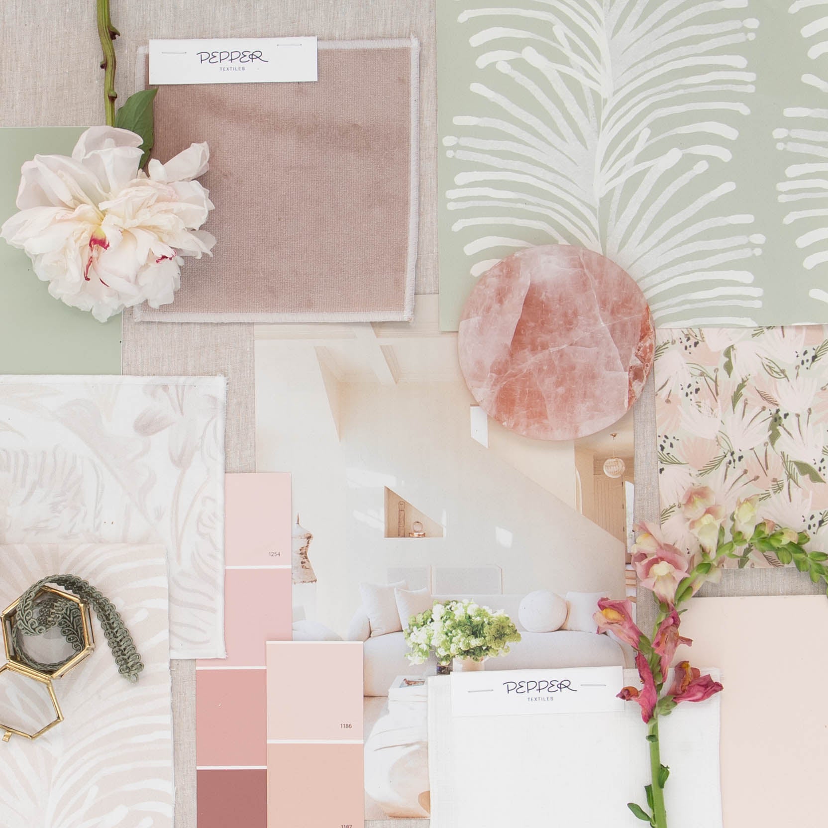 Interior design moodboard and fabric inspirations with Lilac velvet swatch, Sage Green Palm printed wallpaper swatch, and Pink Floral printed cotton swatch