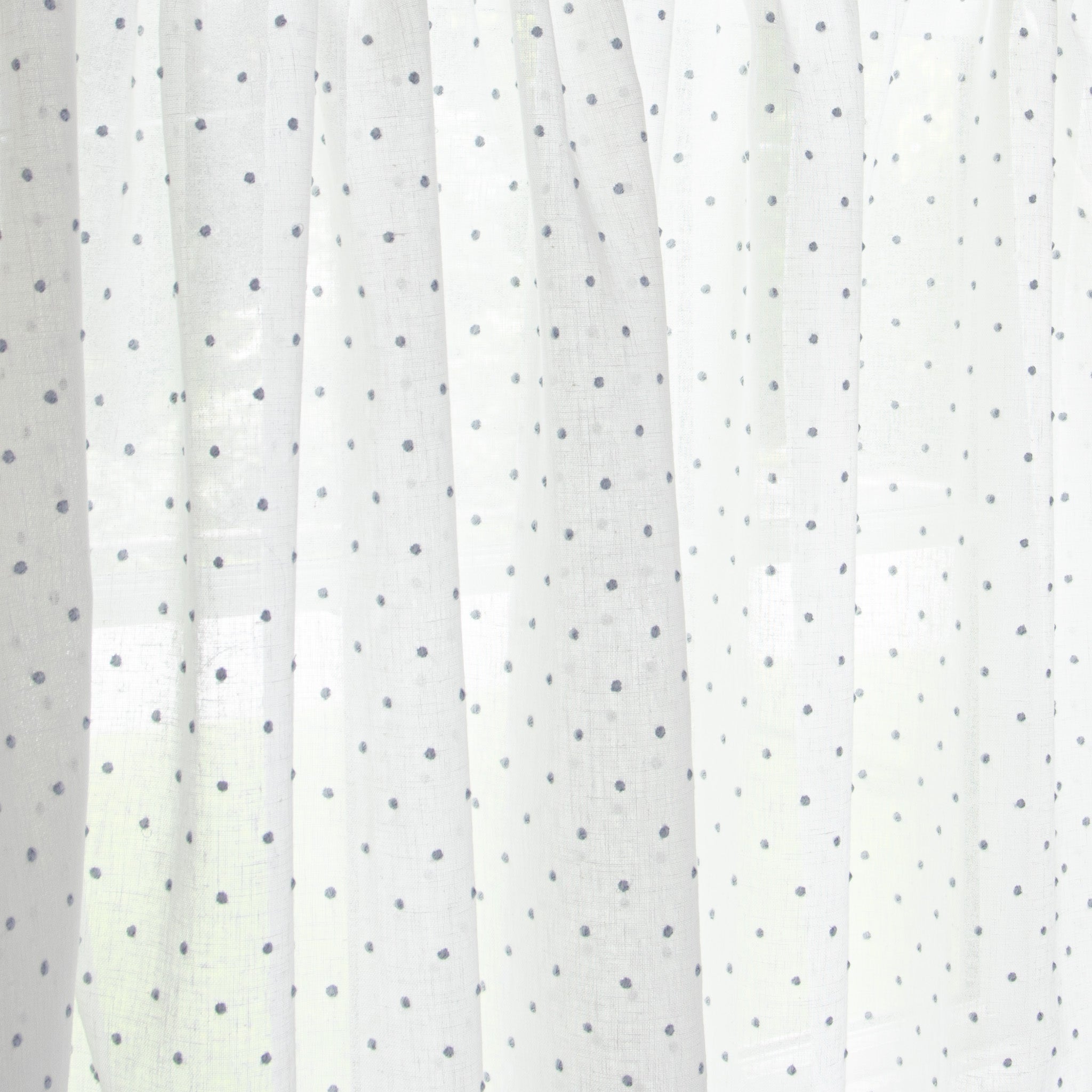 close up of white curtain with sky blue polka dots