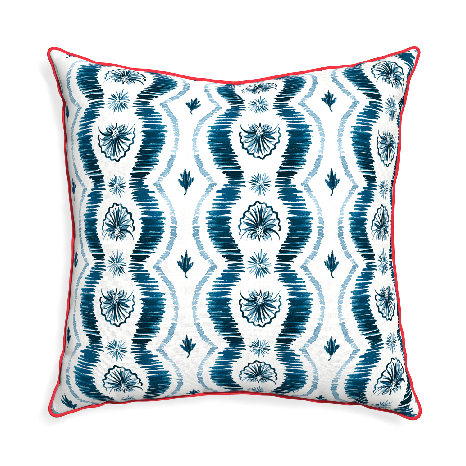 Euro-sham alice custom blue ikatpillow with cherry piping on white background