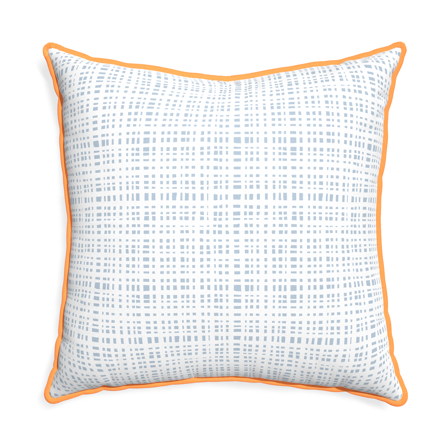 Euro-sham ginger custom plaid sky bluepillow with clementine piping on white background