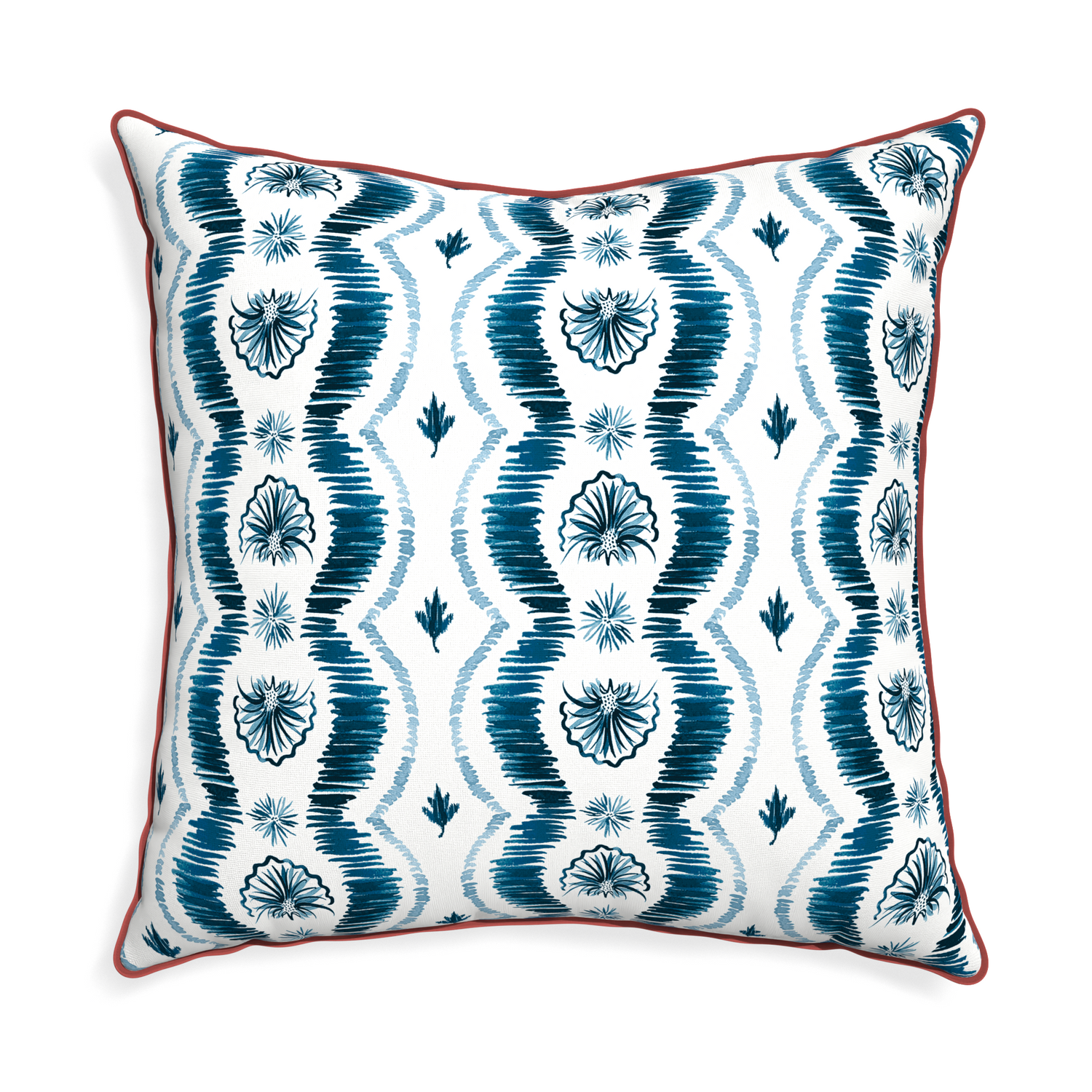 Blue Ikat Stripe Square Pillow with pink velvet piping