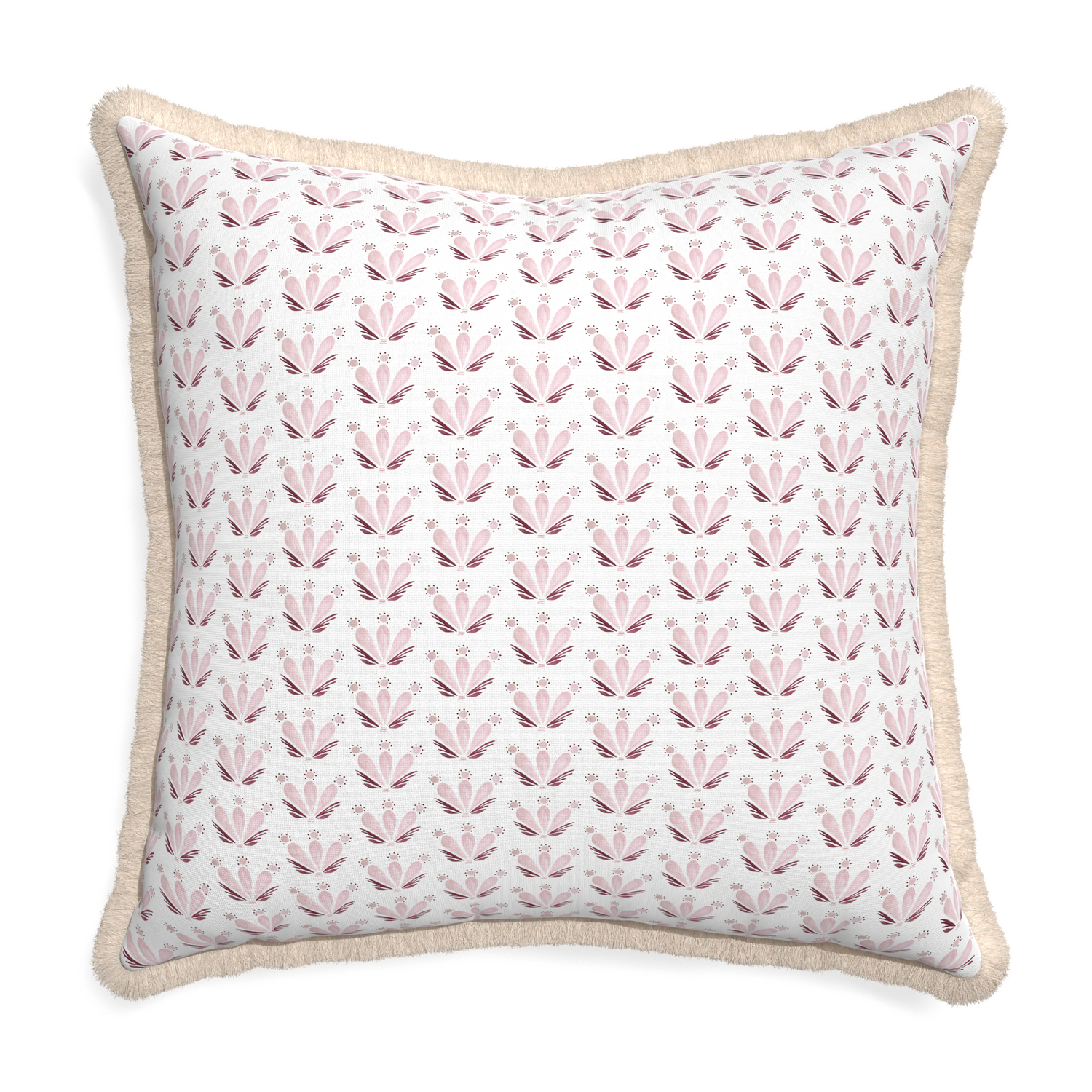 Euro-sham serena pink custom pink & burgundy drop repeat floralpillow with cream fringe on white background