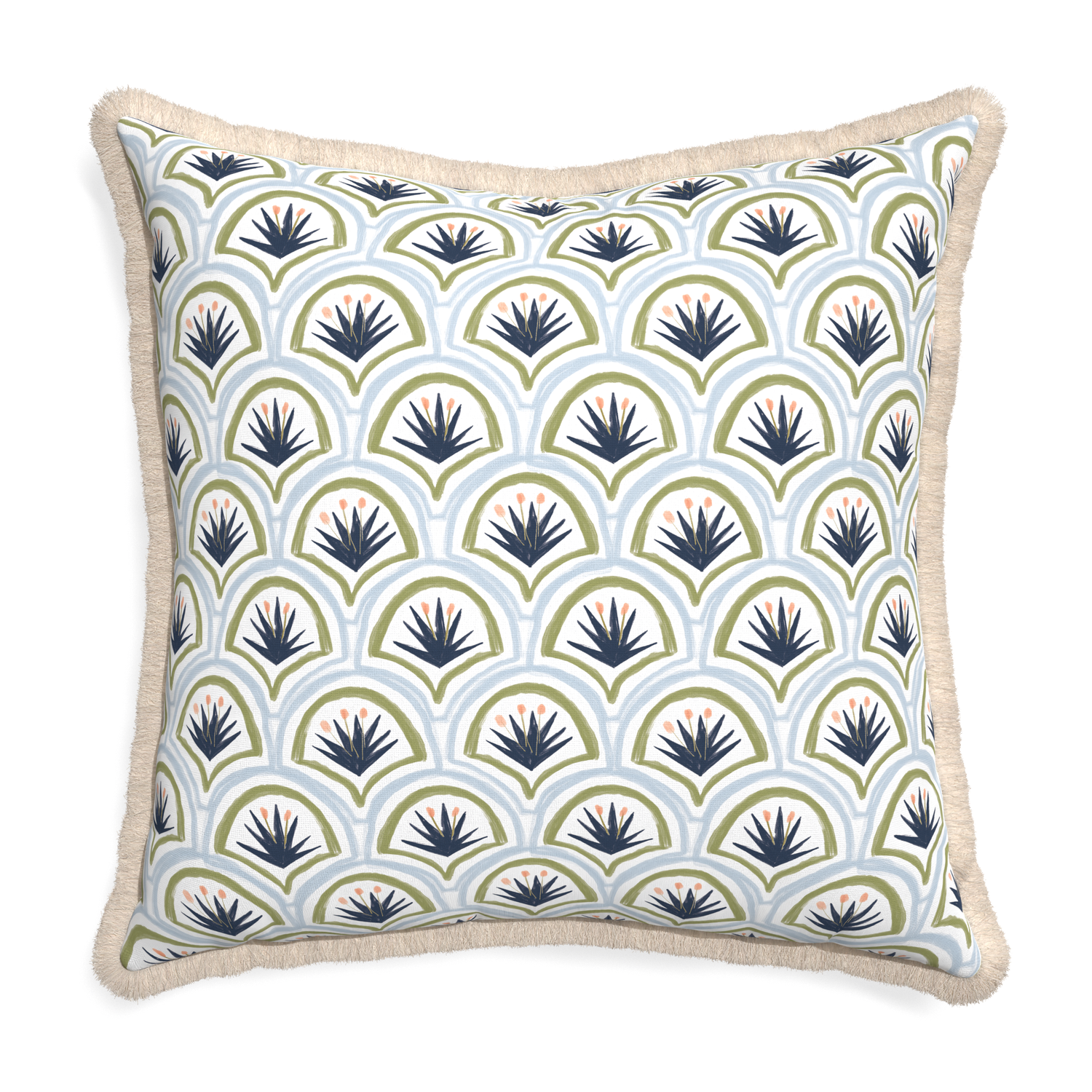 Euro-sham thatcher midnight custom art deco palm patternpillow with cream fringe on white background
