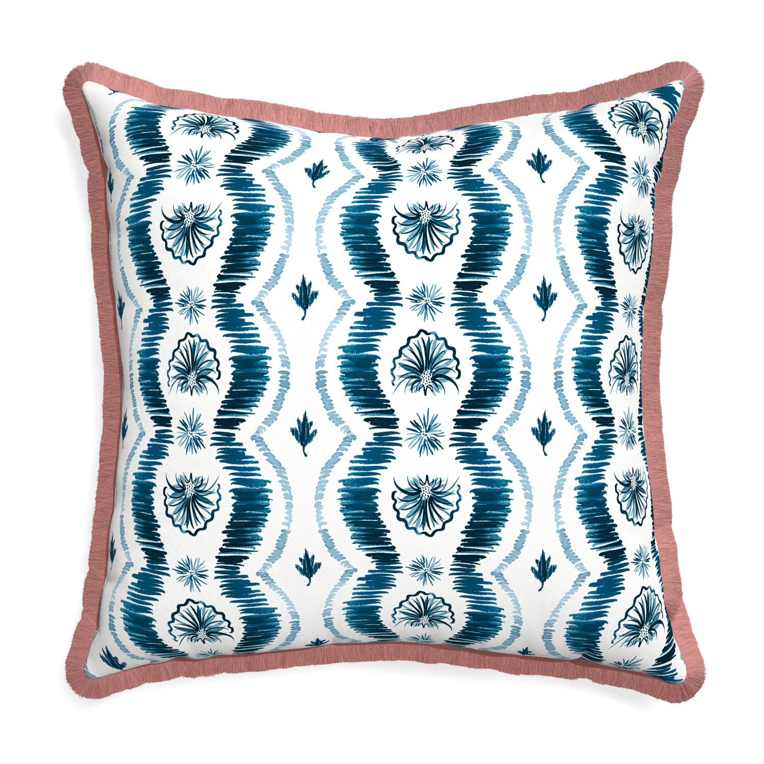 26 inch Square Blue Ikat Stripe Pillow with dusty rose fringe