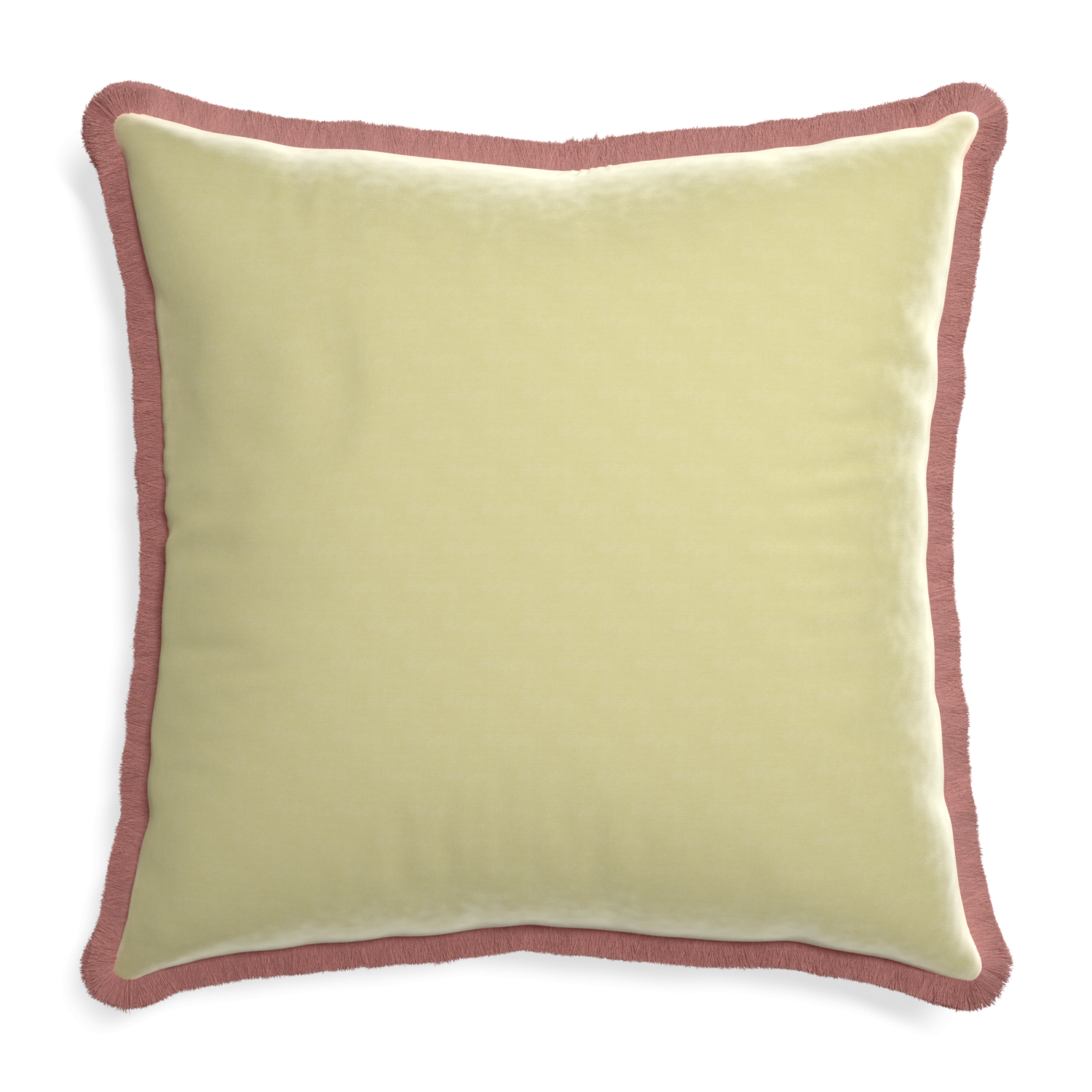 square light green pillow with dusty rose pink fringe