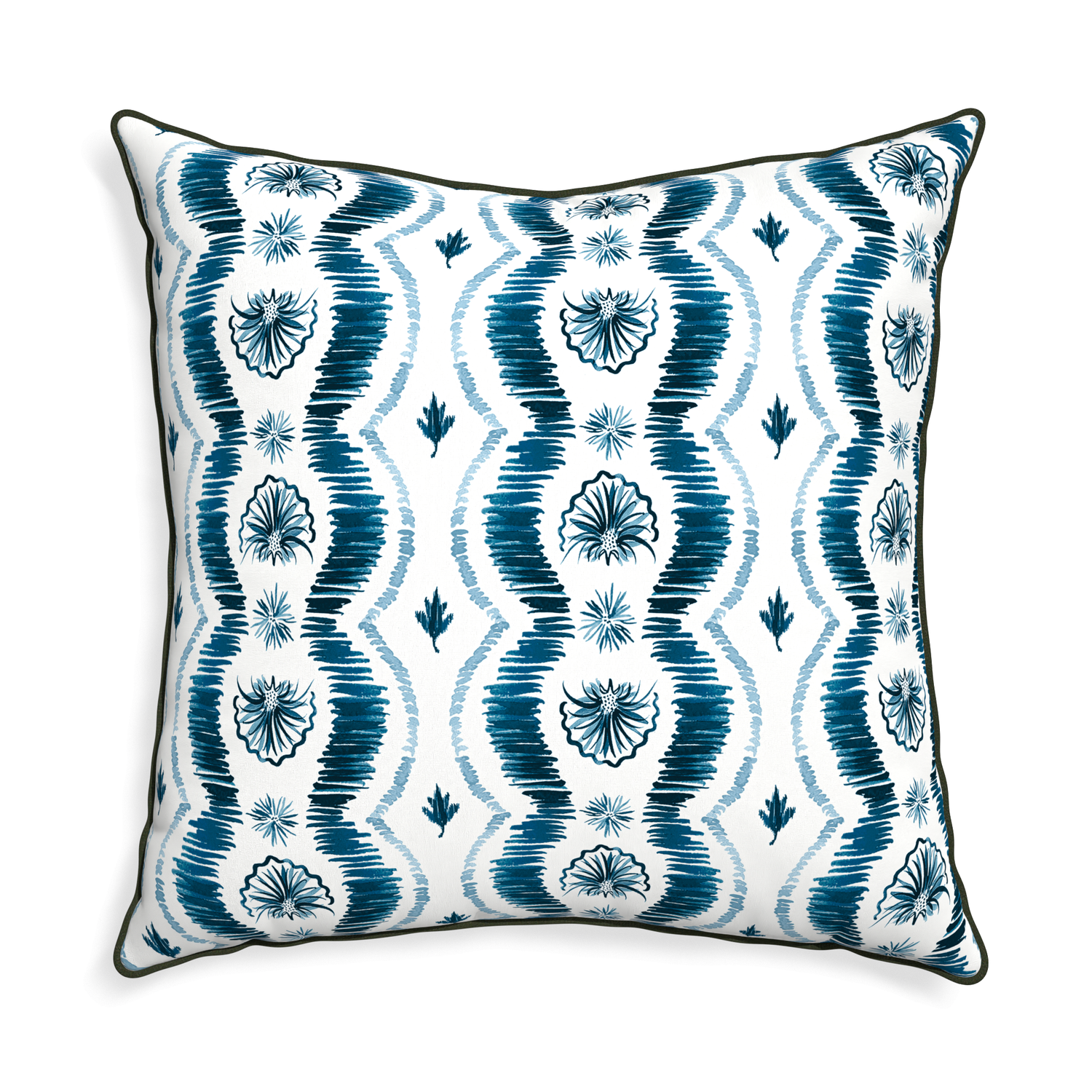 Euro-sham alice custom blue ikatpillow with f piping on white background