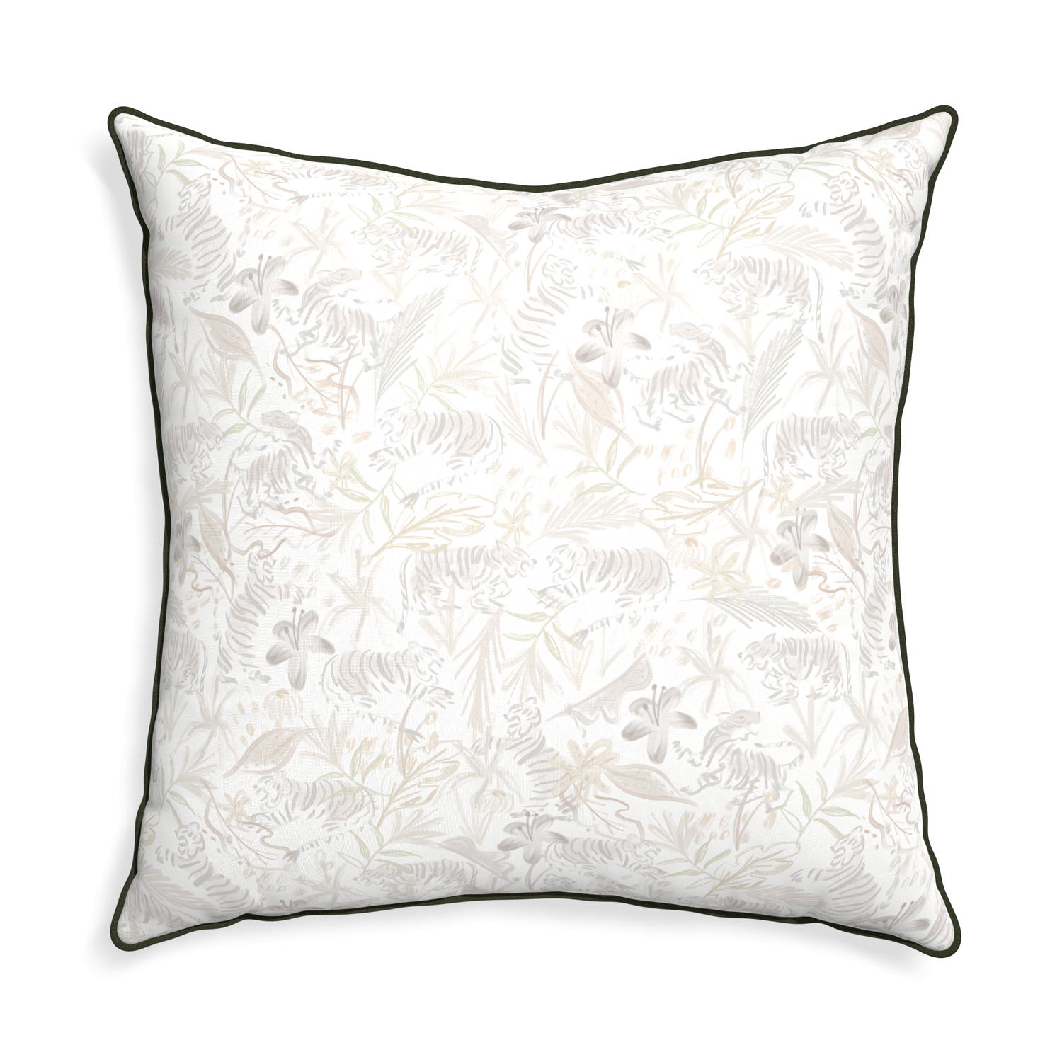 Euro-sham frida sand custom beige chinoiserie tigerpillow with f piping on white background