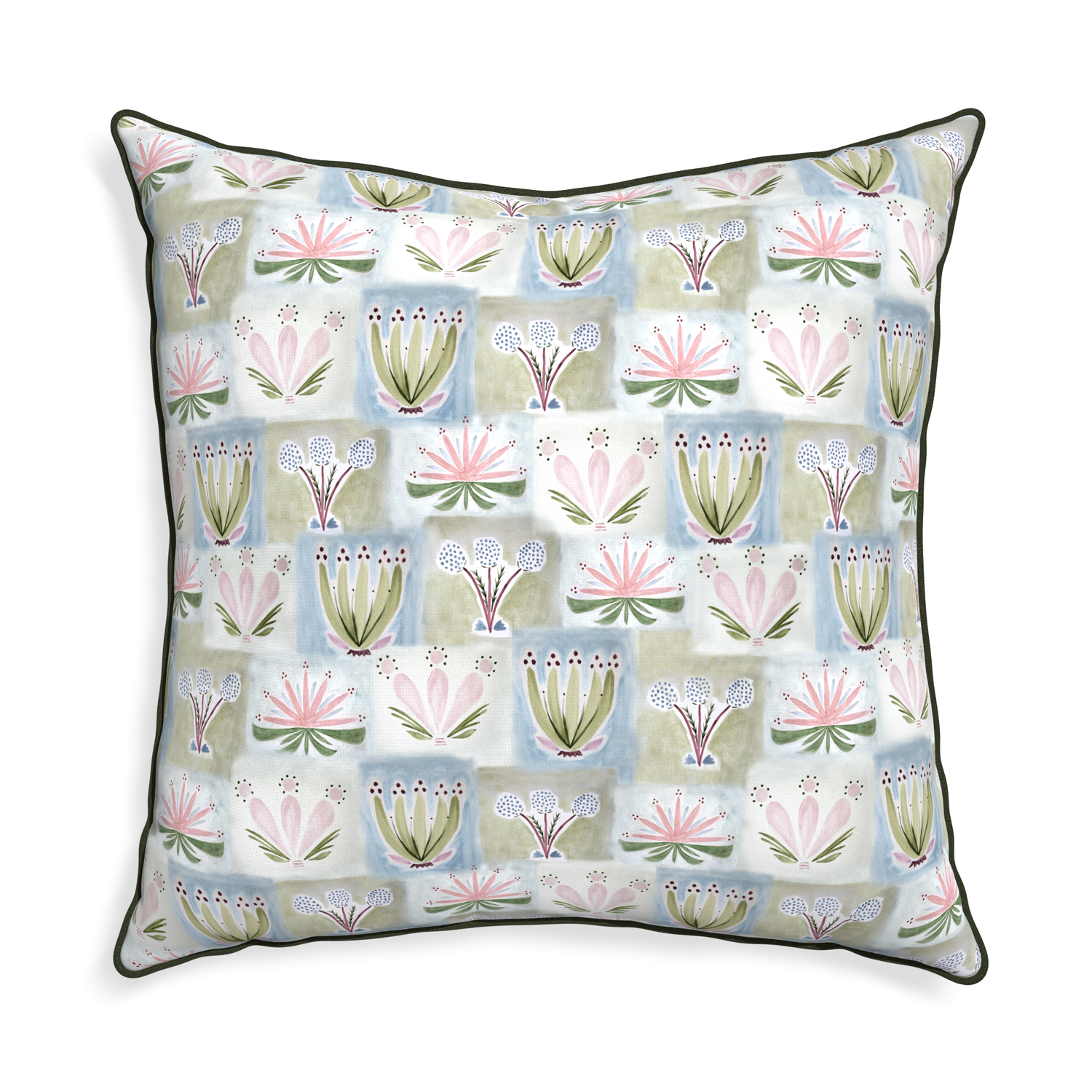 Euro-sham harper custom hand-painted floralpillow with f piping on white background