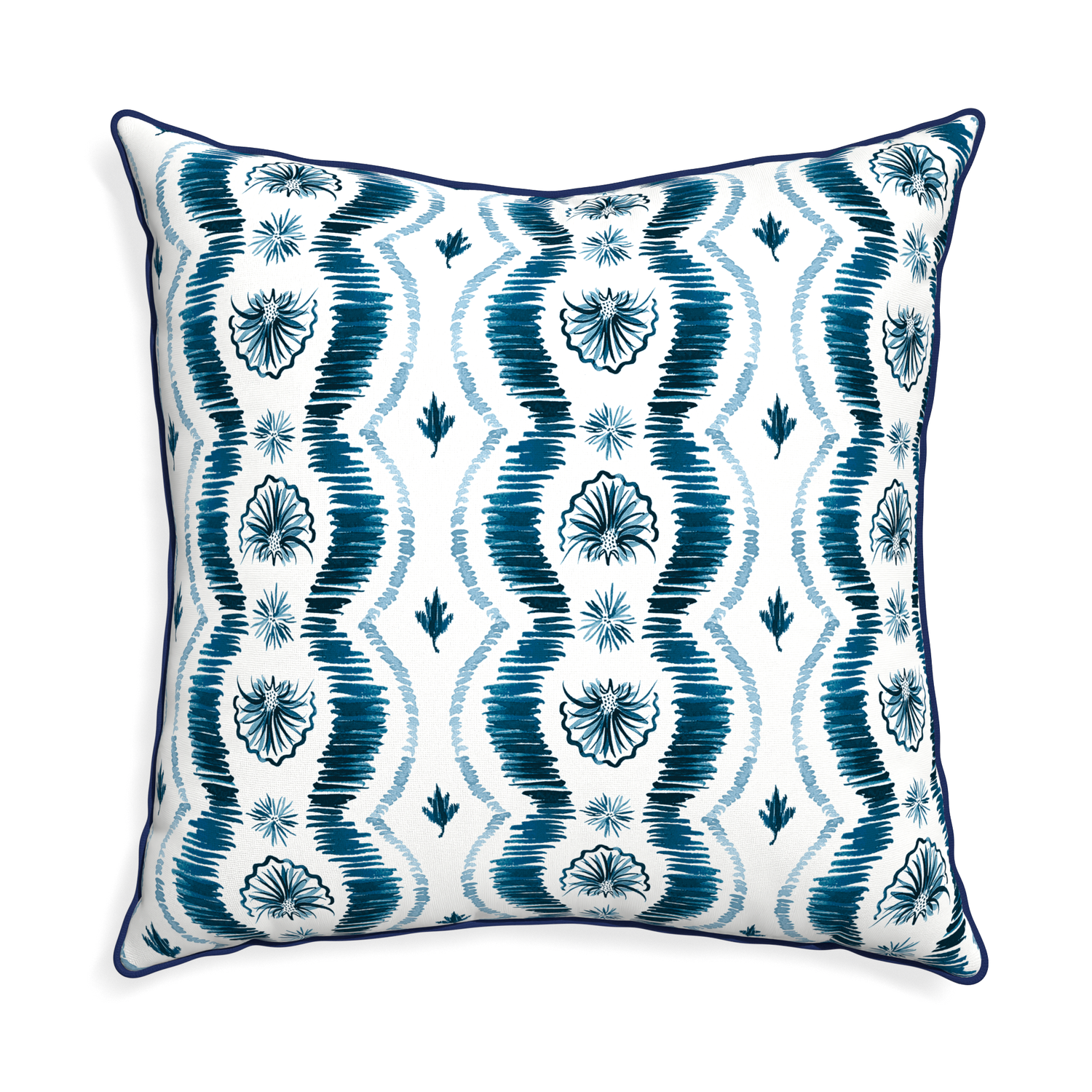 Euro-sham alice custom blue ikatpillow with midnight piping on white background