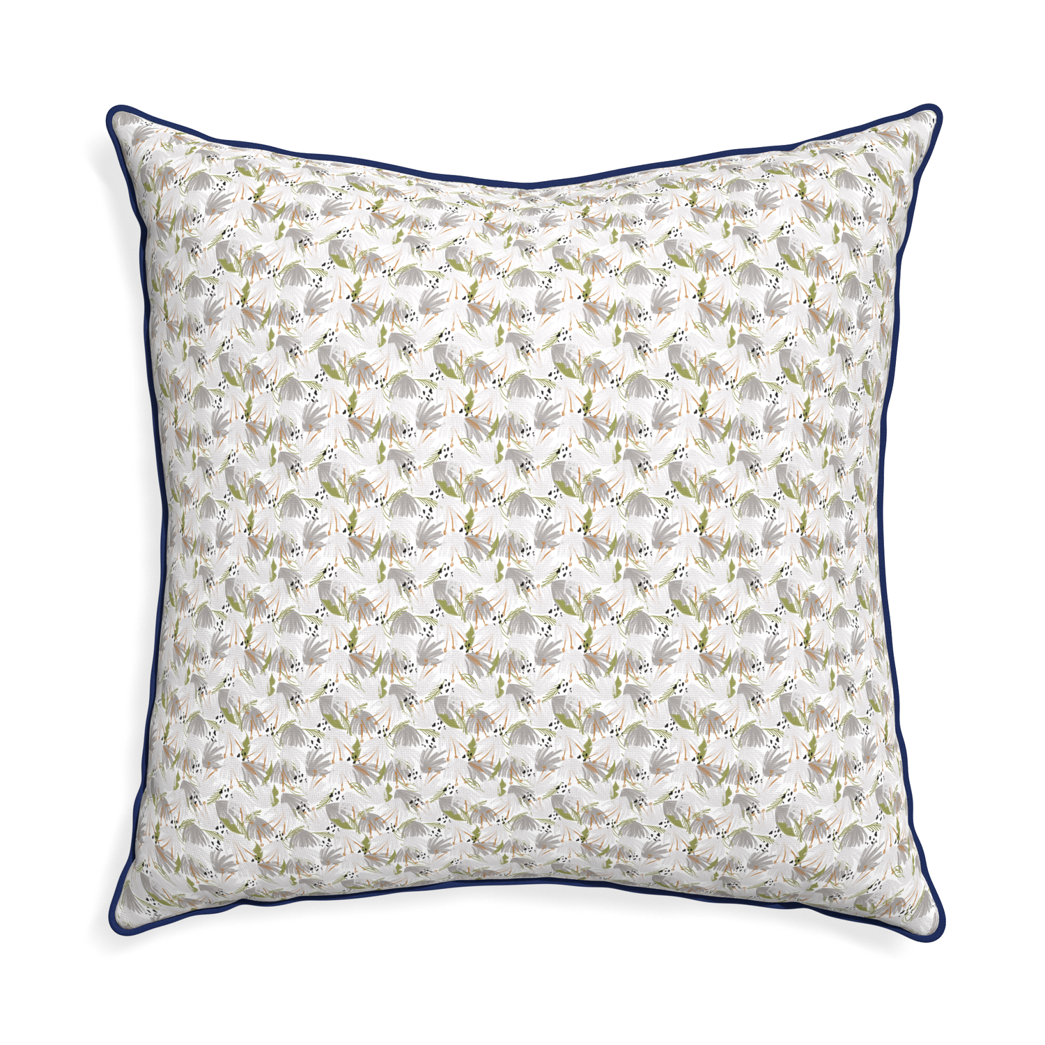 Euro-sham eden grey custom grey floralpillow with midnight piping on white background