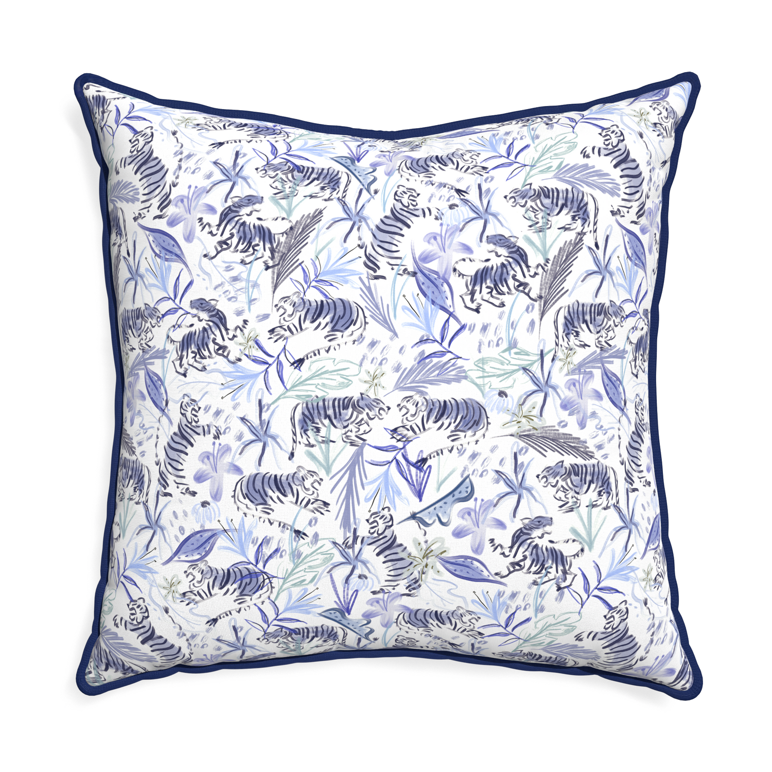 Euro-sham frida blue custom blue with intricate tiger designpillow with midnight piping on white background