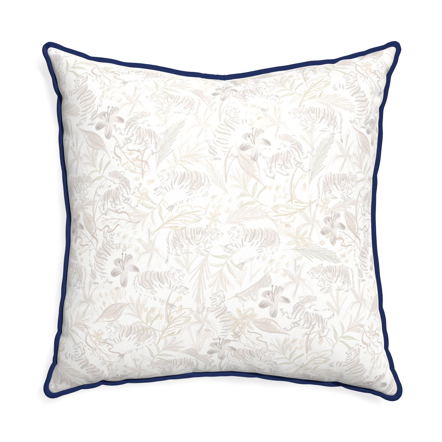 Euro-sham frida sand custom beige chinoiserie tigerpillow with midnight piping on white background