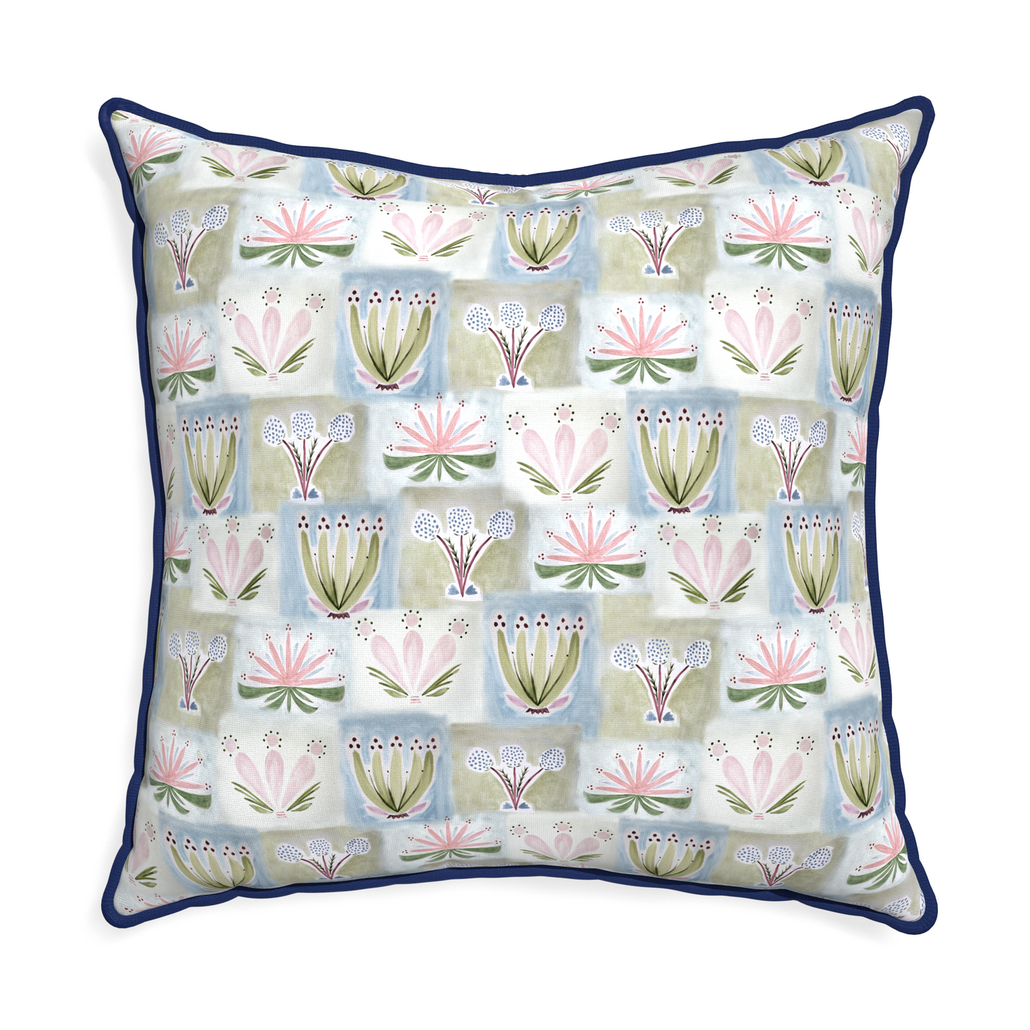Euro-sham harper custom hand-painted floralpillow with midnight piping on white background