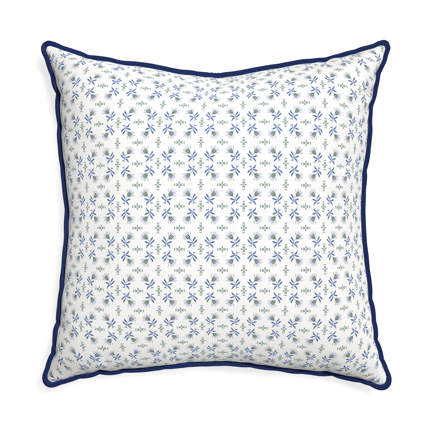 Euro-sham lee custom blue & green floralpillow with midnight piping on white background