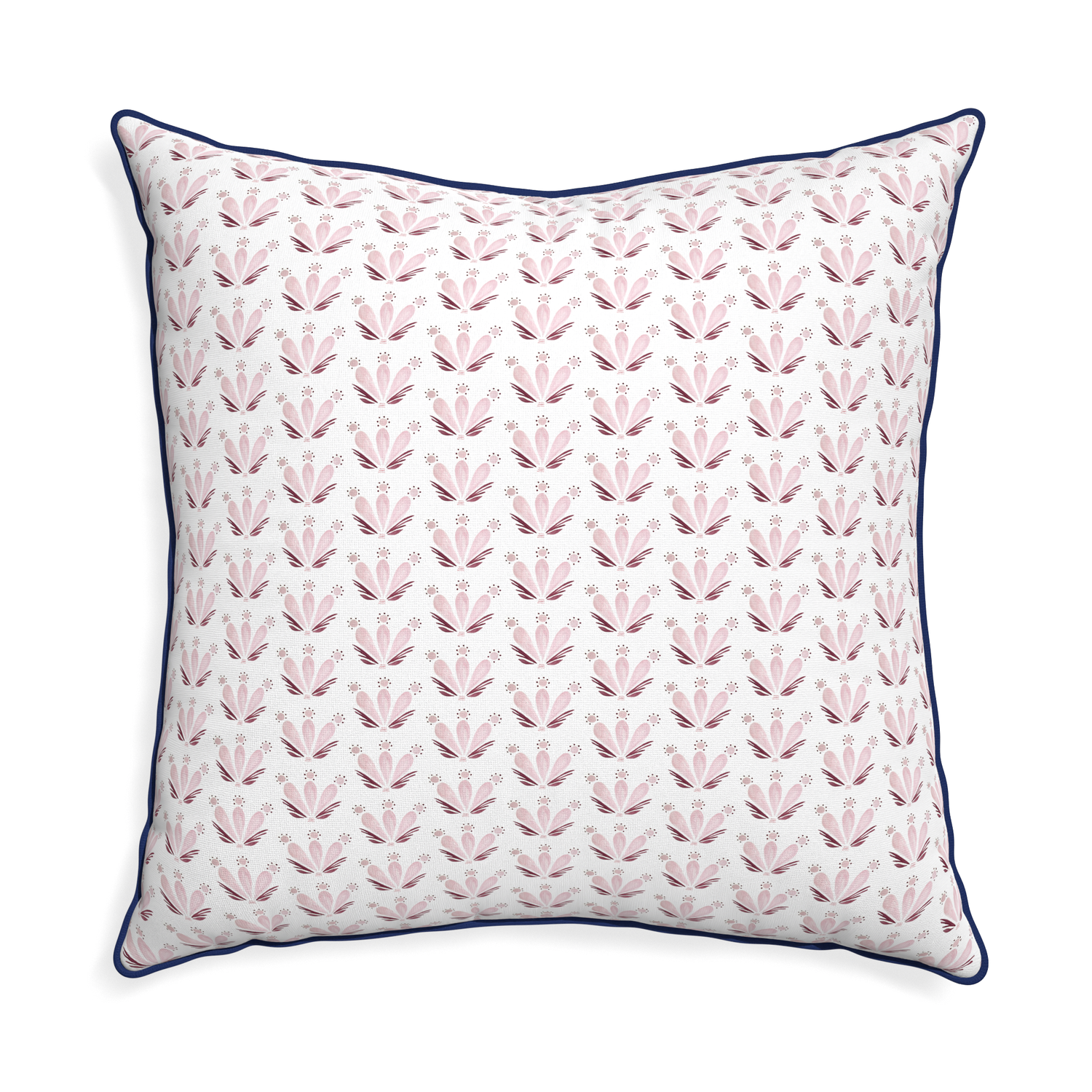 Euro-sham serena pink custom pink & burgundy drop repeat floralpillow with midnight piping on white background