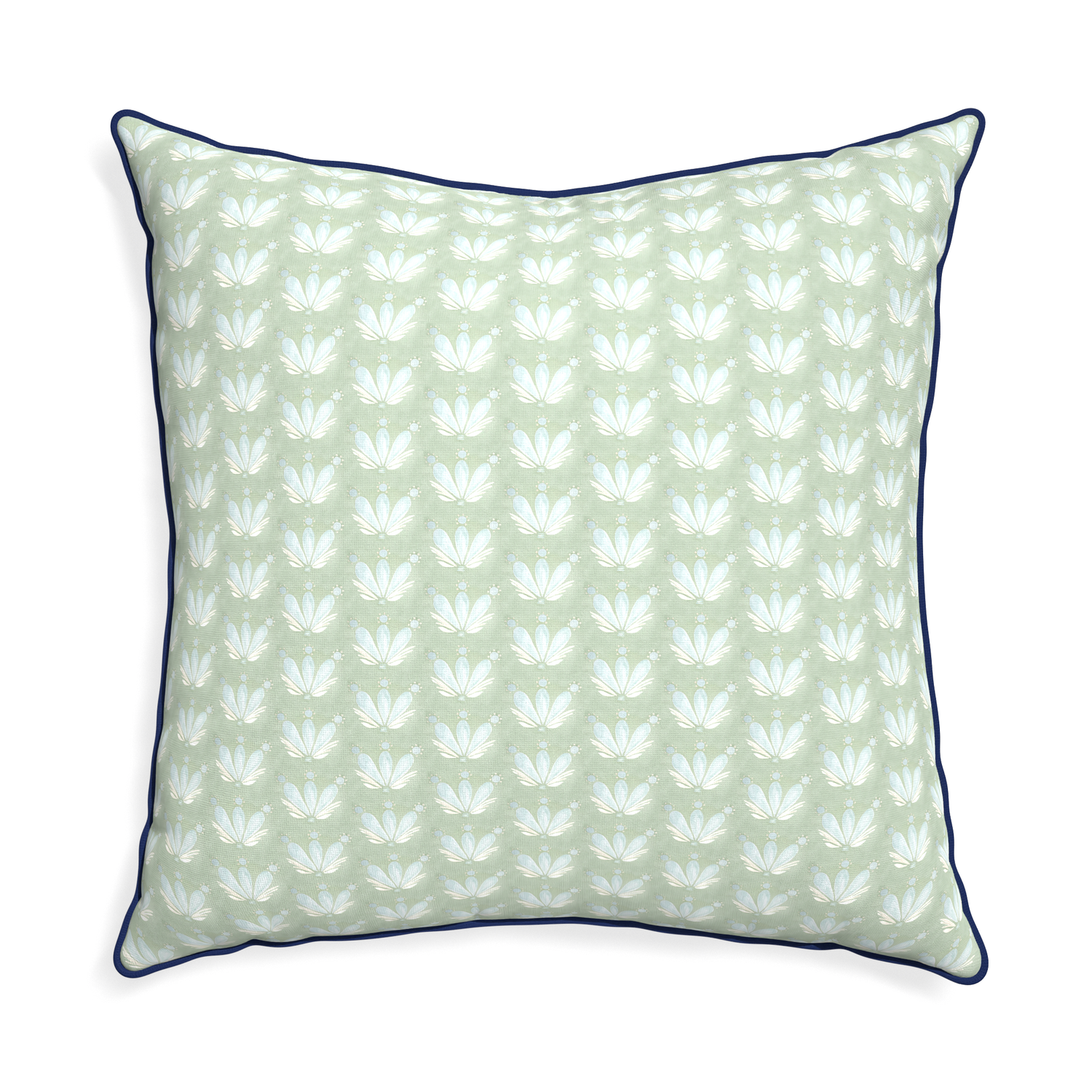 Euro-sham serena sea salt custom blue & green floral drop repeatpillow with midnight piping on white background