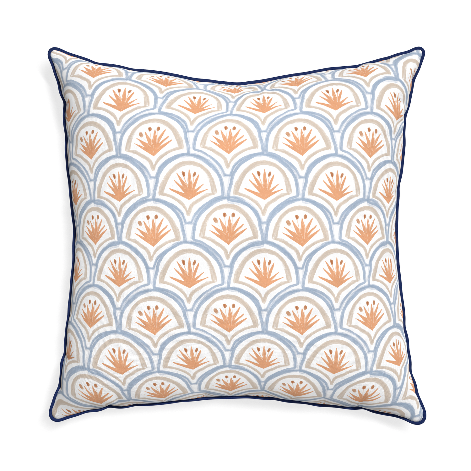 Euro-sham thatcher apricot custom art deco palm patternpillow with midnight piping on white background