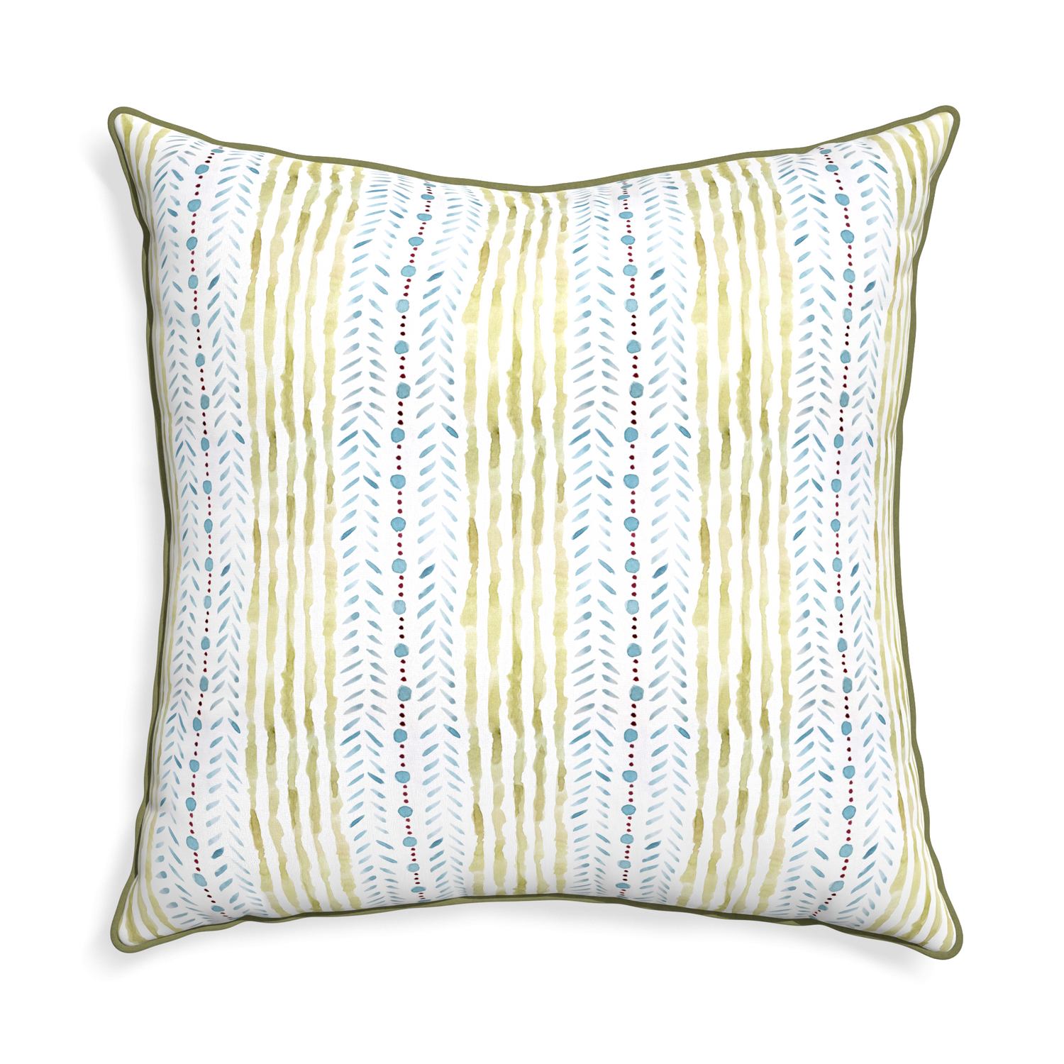 square blue and green striped pillow with moss green piping