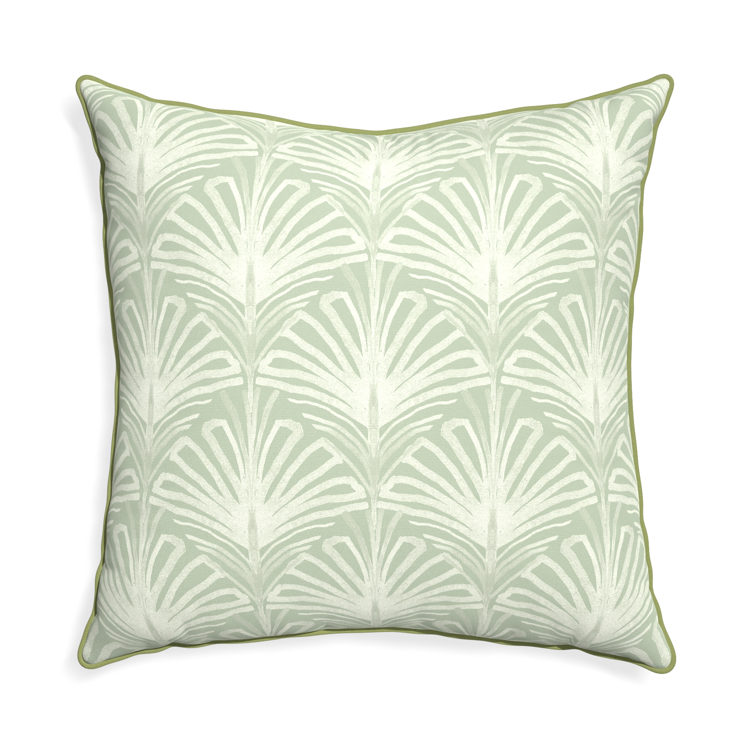 Euro-sham suzy sage custom sage green palmpillow with moss piping on white background
