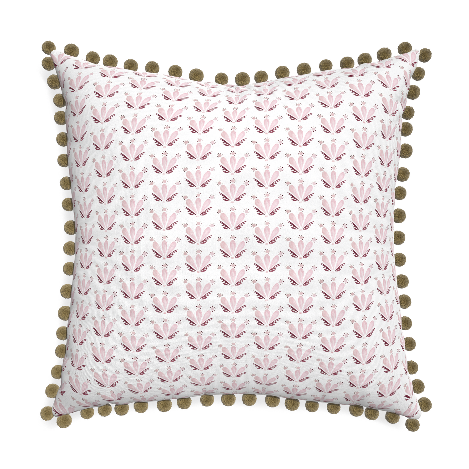 Euro-sham serena pink custom pink & burgundy drop repeat floralpillow with olive pom pom on white background