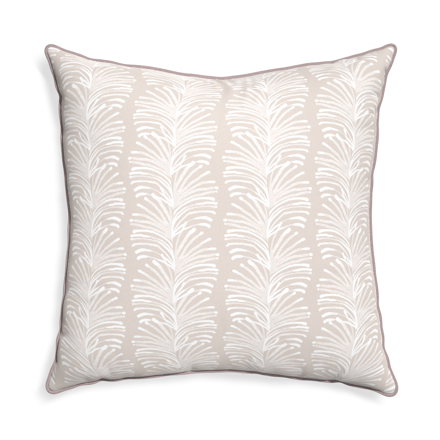 Euro-sham emma sand custom sand colored botanical stripepillow with orchid piping on white background