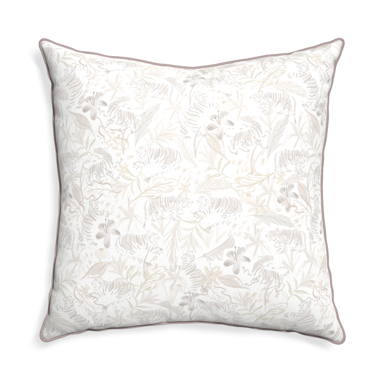 Euro-sham frida sand custom beige chinoiserie tigerpillow with orchid piping on white background